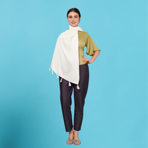 Plain White Viscose Stole With Golden Booti