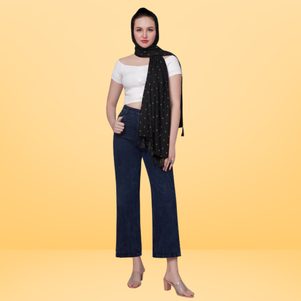Plain Black Viscose Stole With Golden Booti