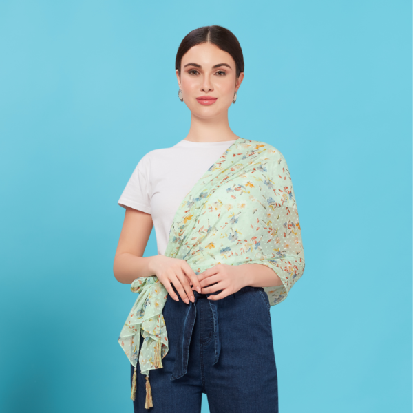 Poly Dobby Floral Print Scarf With  Embellishments - Image 2