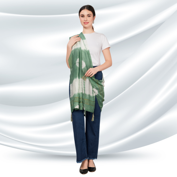Green Tye-Dye Chanderi Dupatta With Zari Tassels