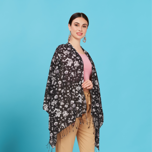 Liva Viscose Floral Print Black & White Rayon Stole - Image 2