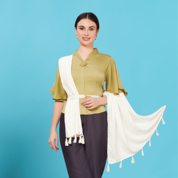 Plain White Viscose Stole With Golden Booti - Image 2