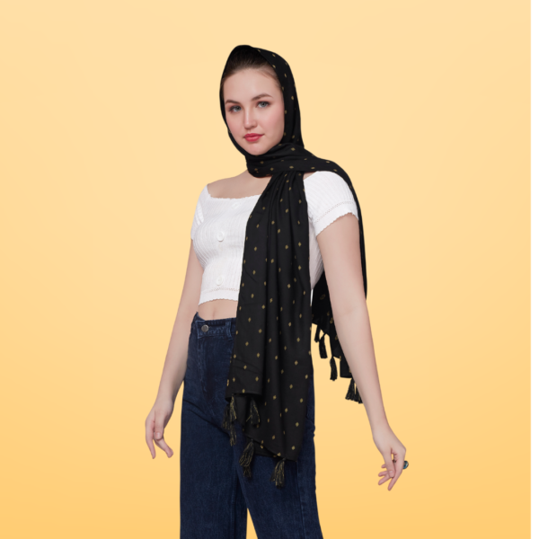 Plain Black Viscose Stole With Golden Booti - Image 2