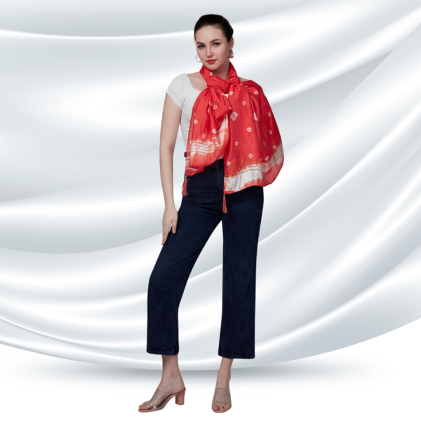 Red Tye-dye Chanderi Dupatta With Zari Tassels - Image 2