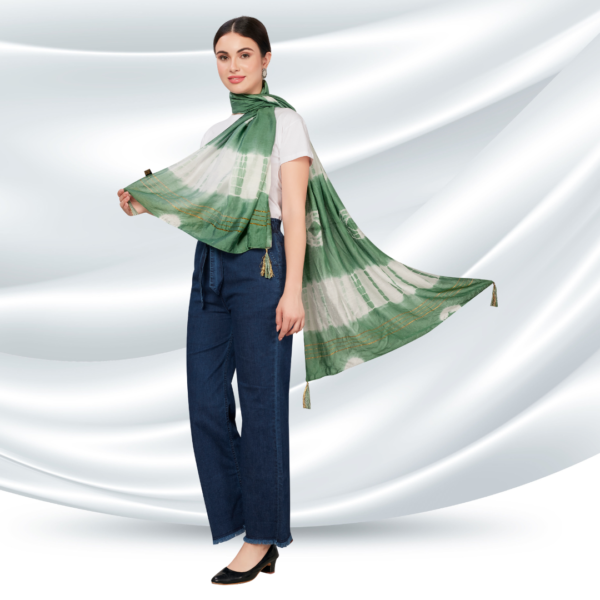 Green Tye-Dye Chanderi Dupatta With Zari Tassels - Image 2