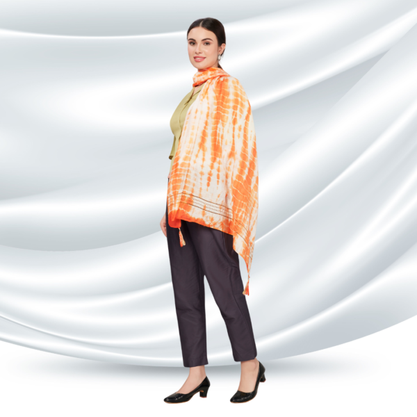 Orange Tye-Dye Chanderi Dupatta With Zari Tassels - Image 2