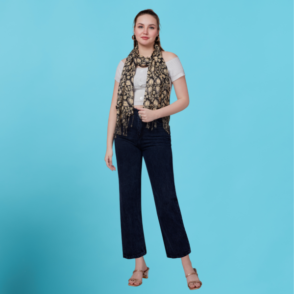 Liva Viscose Floral Print Black & Chikoo Rayon Stole - Image 2