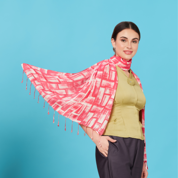 Liva Viscose Block Print Pink Rayon Stole - Image 2