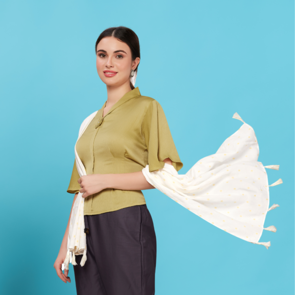 Plain White Viscose Stole With Golden Booti - Image 3