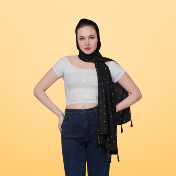 Plain Black Viscose Stole With Golden Booti - Image 4
