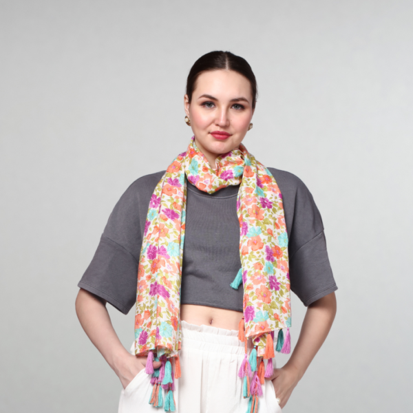 Liva Eco Viscose Rayon Dobby Floral Print Stole With Embellishment - Image 3