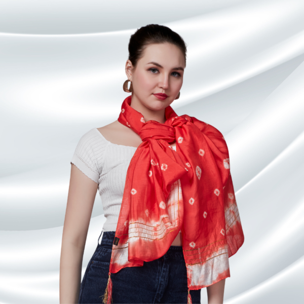 Red Tye-dye Chanderi Dupatta With Zari Tassels - Image 3