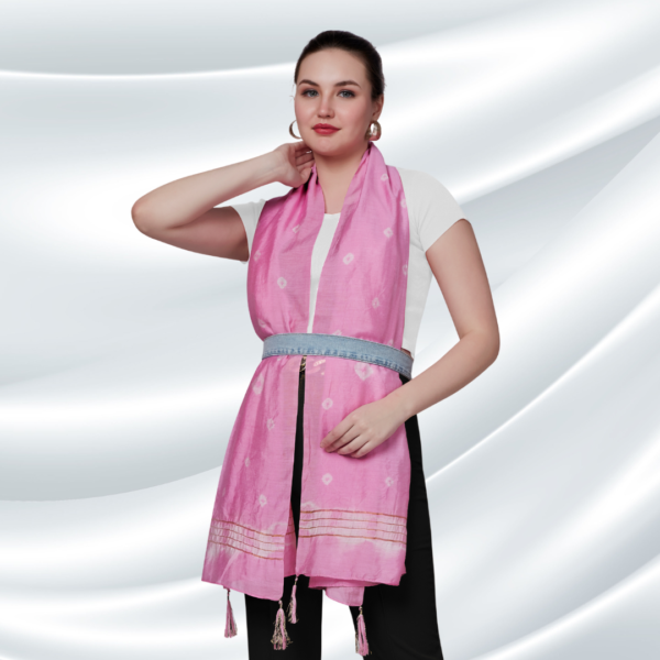 Pink Tye-dye Chanderi Dupatta With Zari Tassels - Image 3