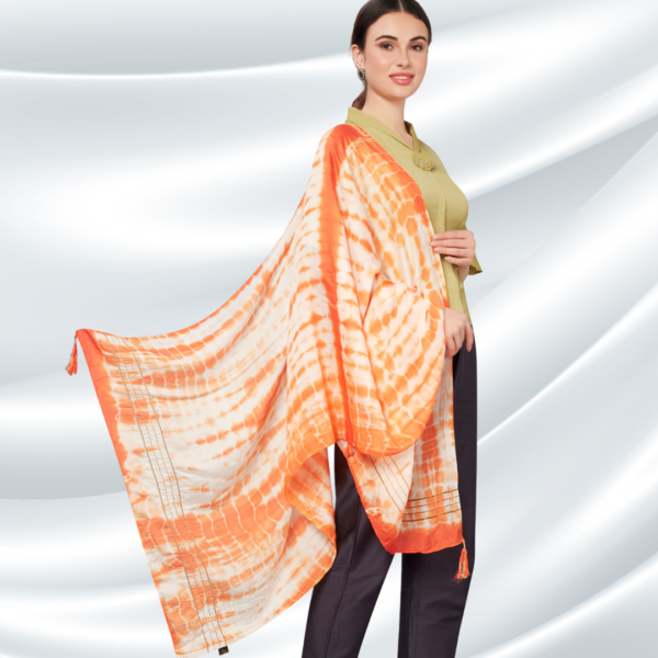 Orange Tye-Dye Chanderi Dupatta With Zari Tassels - Image 3