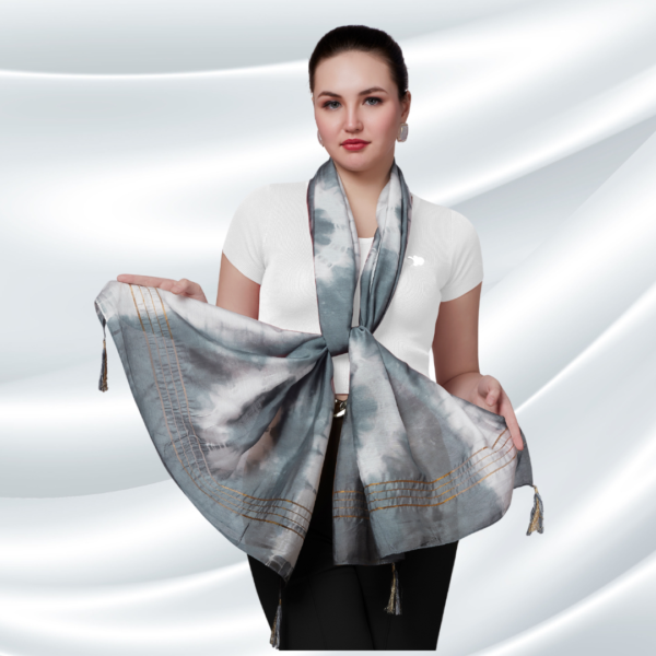 Grey Tye-Dye Chanderi Dupatta With Zari Tassels - Image 3