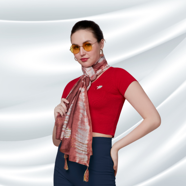 Brown Tye-dye Chanderi Dupatta With Zari Tassels - Image 3