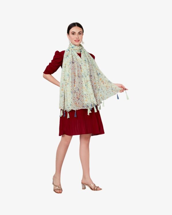 Poly Dobby Floral Print Tea Green Dupatta With Moti Tassels - Image 3