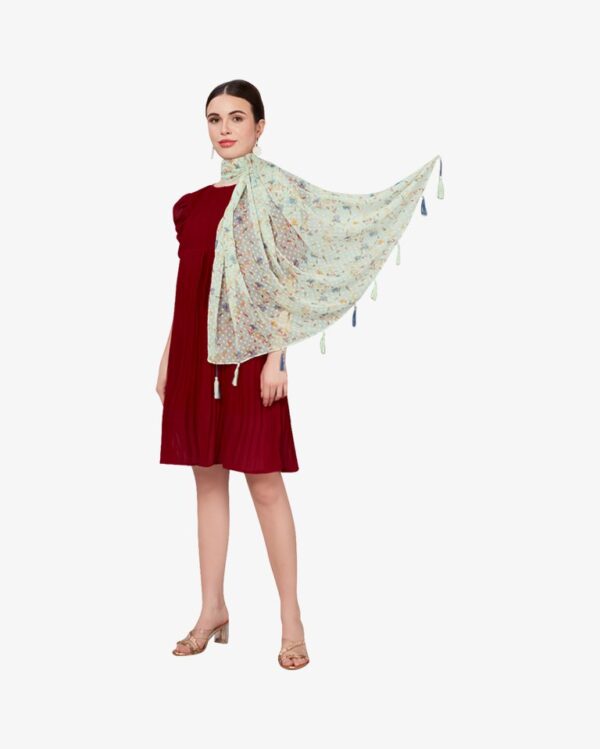Poly Dobby Floral Print Tea Green Dupatta With Moti Tassels - Image 5