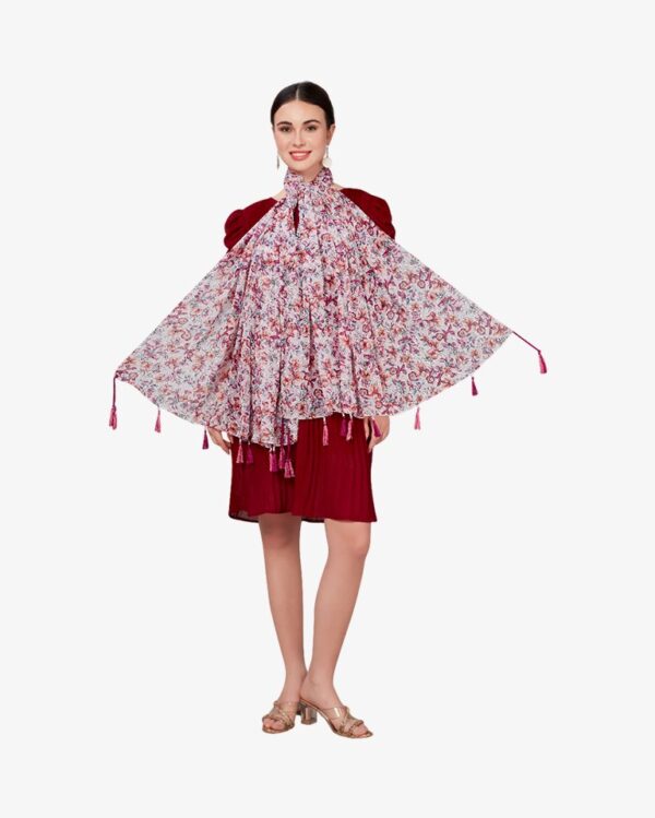 Poly Dobby Multi Floral Print Digital Dupatta With Moti Tassels