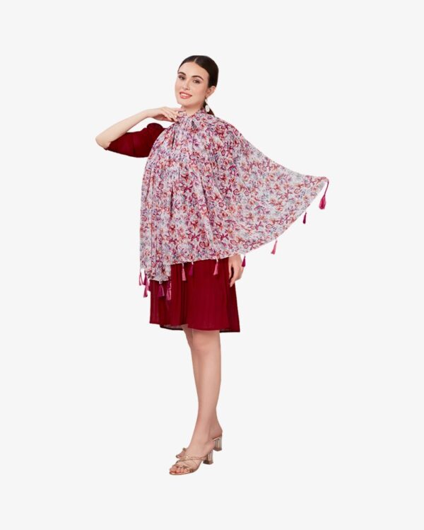 Poly Dobby Multi Floral Print Digital Dupatta With Moti Tassels - Image 3