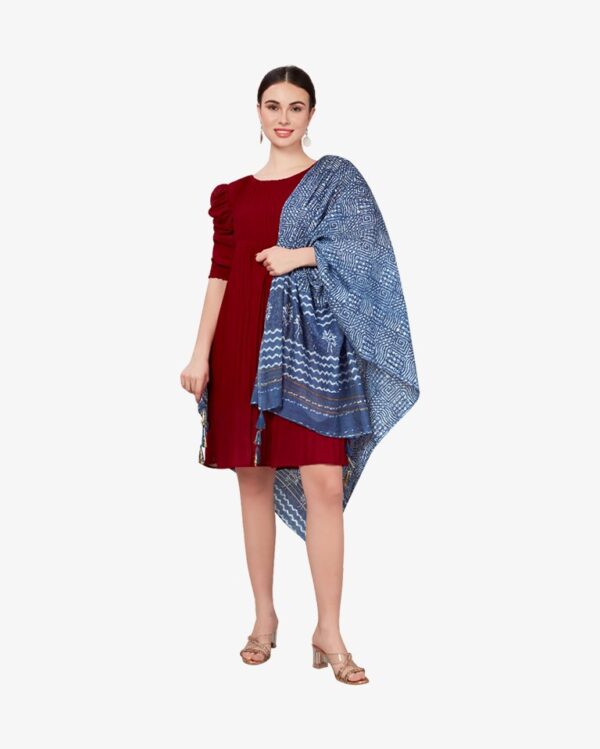 Geometric Print Indigo Chanderi Dupatta With Fancy Tassels