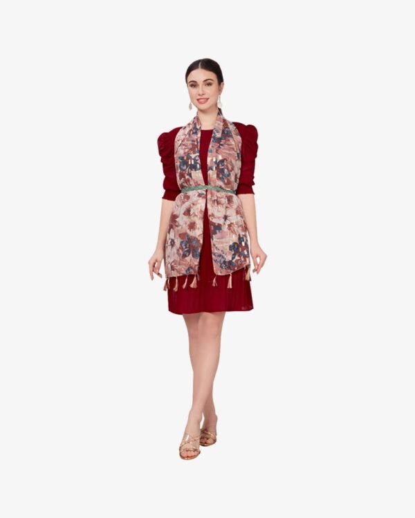 Poly Mix Floral Foil Print Scarf With Moti Embellishments - Image 2