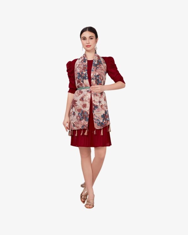 Poly Mix Floral Foil Print Scarf With Moti Embellishments - Image 3
