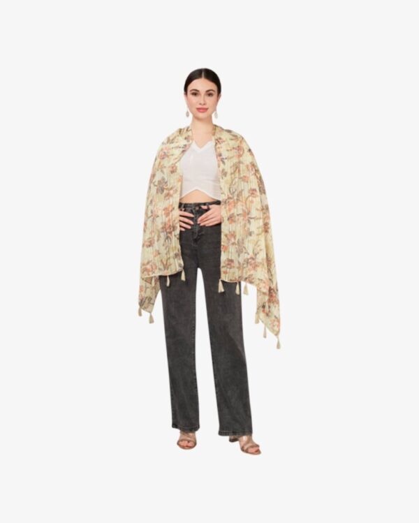 Poly Lurex Fancy Tropical Print Stole With Tassels