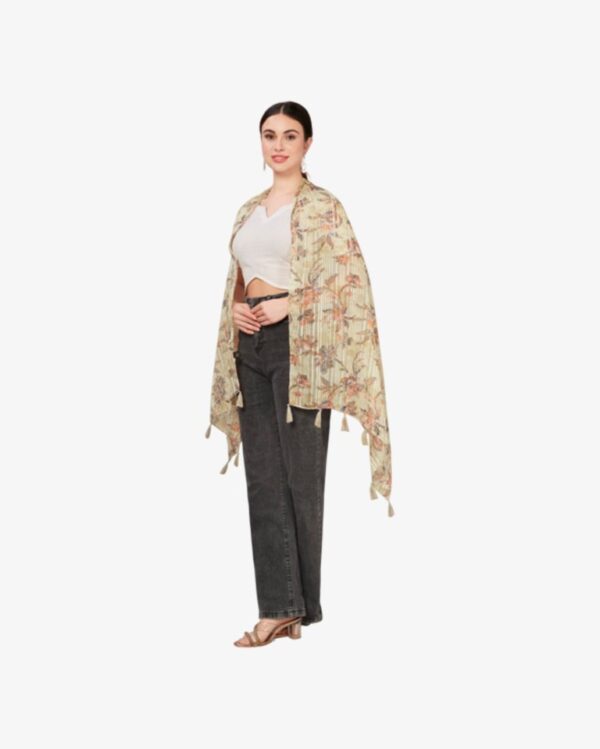 Poly Lurex Fancy Tropical Print Stole With Tassels - Image 2