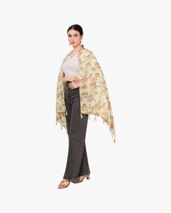 Poly Lurex Fancy Tropical Print Stole With Tassels - Image 3