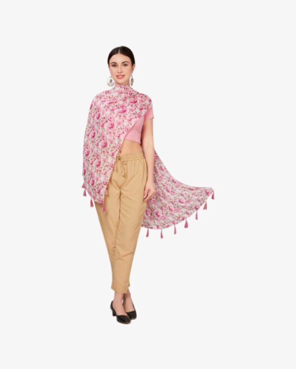 Poly Lurex Fancy Floral Print Stole With Tassels - Image 2