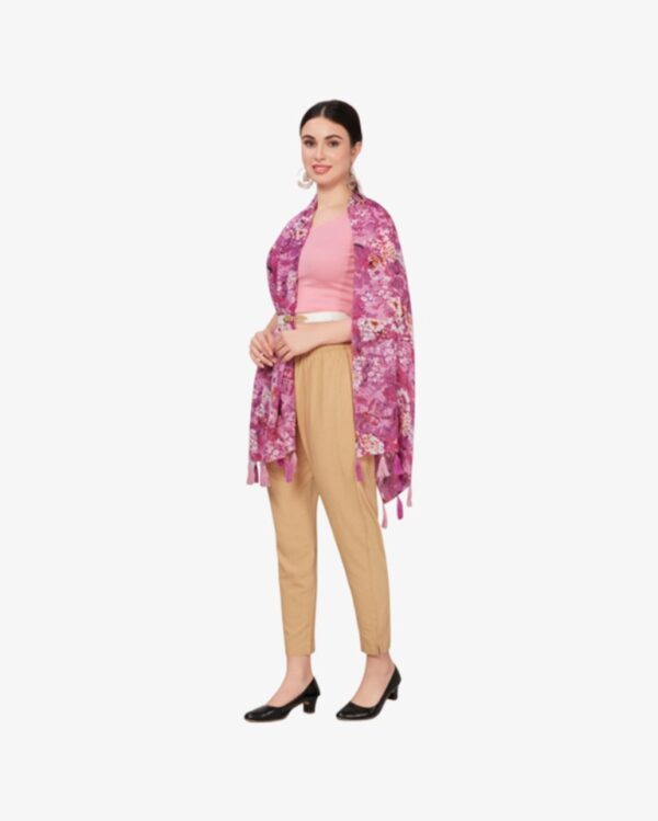 Floral Print Poly Scarf With Fancy Tassels - Image 3