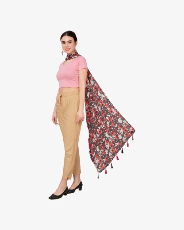 Poly Lurex Fancy Tropical Print Stole With Tassels - Image 3