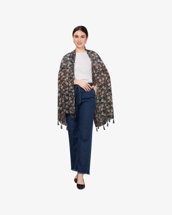 Poly Lurex Fancy Floral Print Stole With Tassels