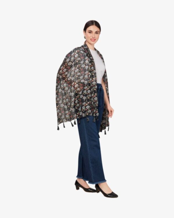 Poly Lurex Fancy Floral Print Stole With Tassels - Image 2