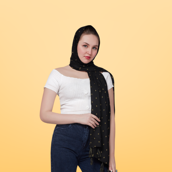 Plain Black Viscose Stole With Golden Booti - Image 3