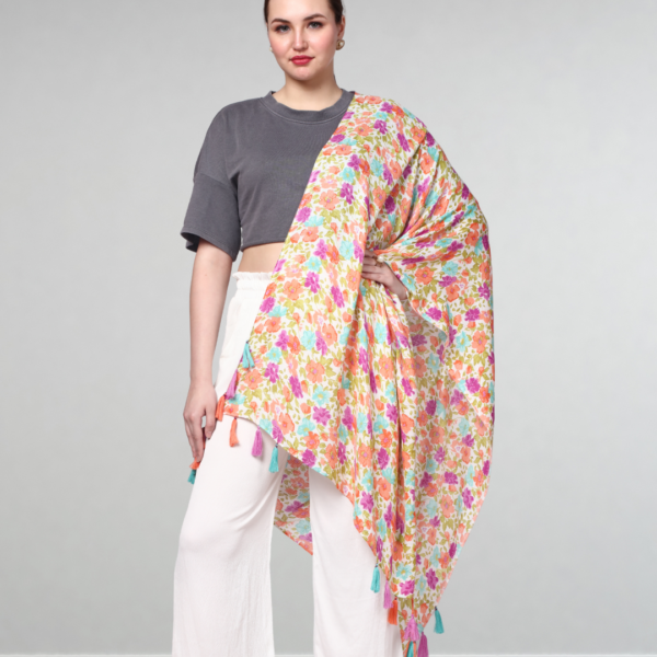 Liva Eco Viscose Rayon Dobby Floral Print Stole With Embellishment - Image 4
