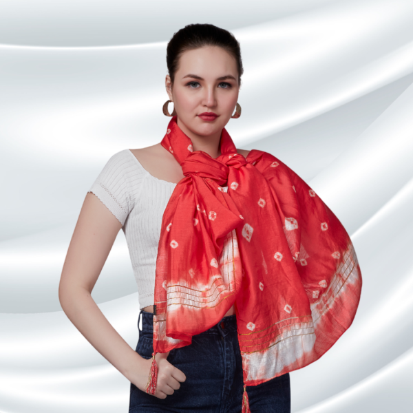 Red Tye-dye Chanderi Dupatta With Zari Tassels - Image 4