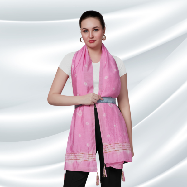 Pink Tye-dye Chanderi Dupatta With Zari Tassels - Image 4