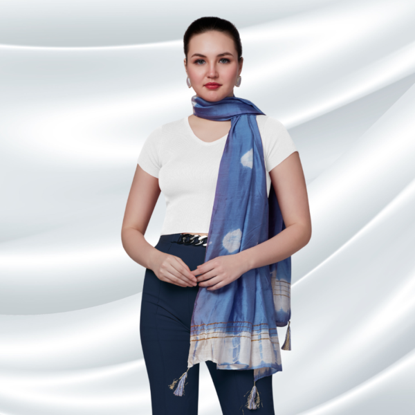Blue Tye-Dye Chanderi Dupatta With Zari Tassels - Image 4
