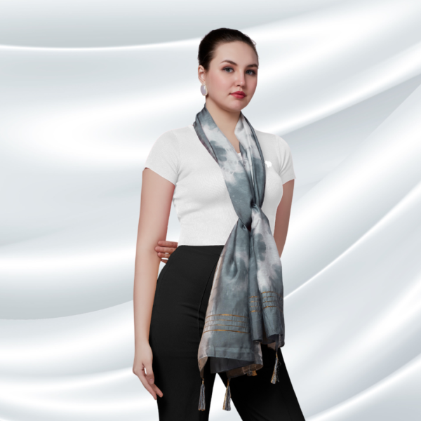 Grey Tye-Dye Chanderi Dupatta With Zari Tassels - Image 4
