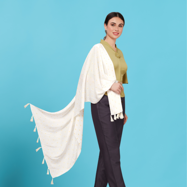 Plain White Viscose Stole With Golden Booti - Image 4