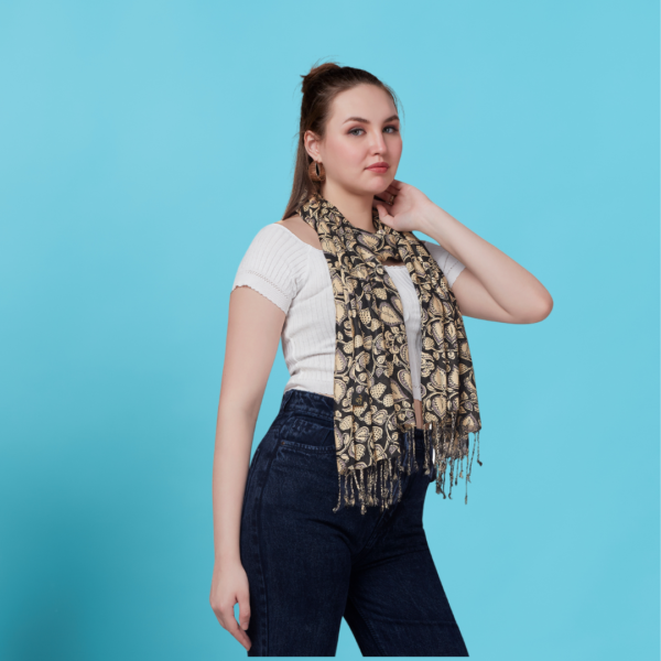 Liva Viscose Floral Print Black & Chikoo Rayon Stole - Image 4
