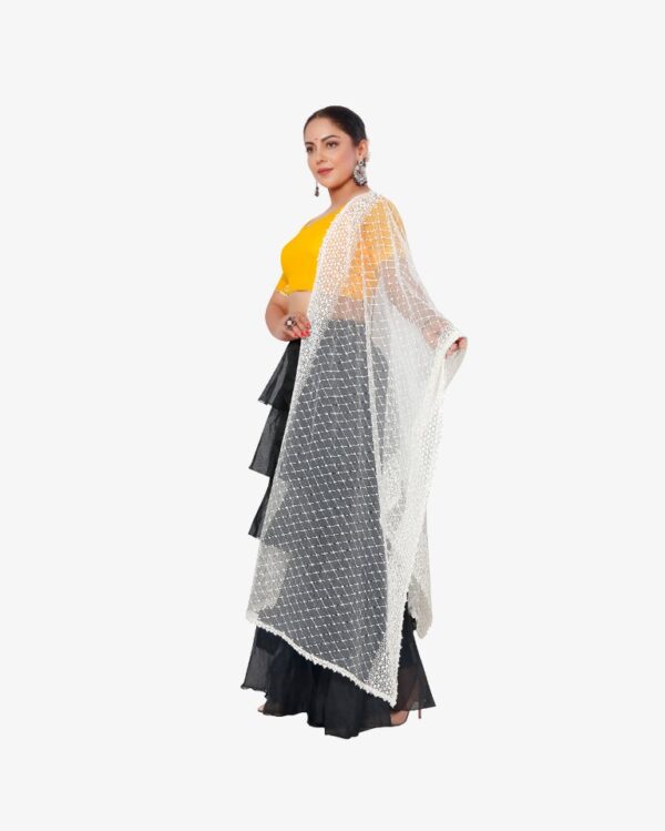 Net Dyeable Dupatta With Geometric Embroidery - Image 2