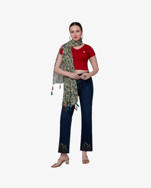 Poly Dobby Floral Print Light Green Dupatta With Fancy Embellishment