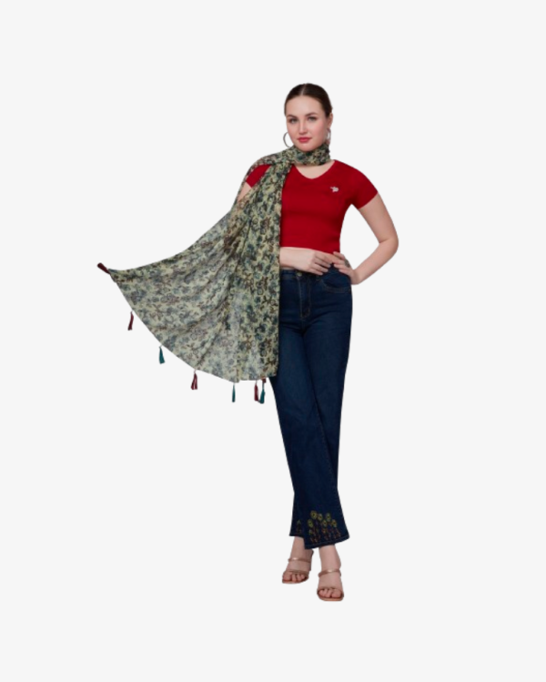 Poly Dobby Floral Print Light Green Dupatta With Fancy Embellishment - Image 2