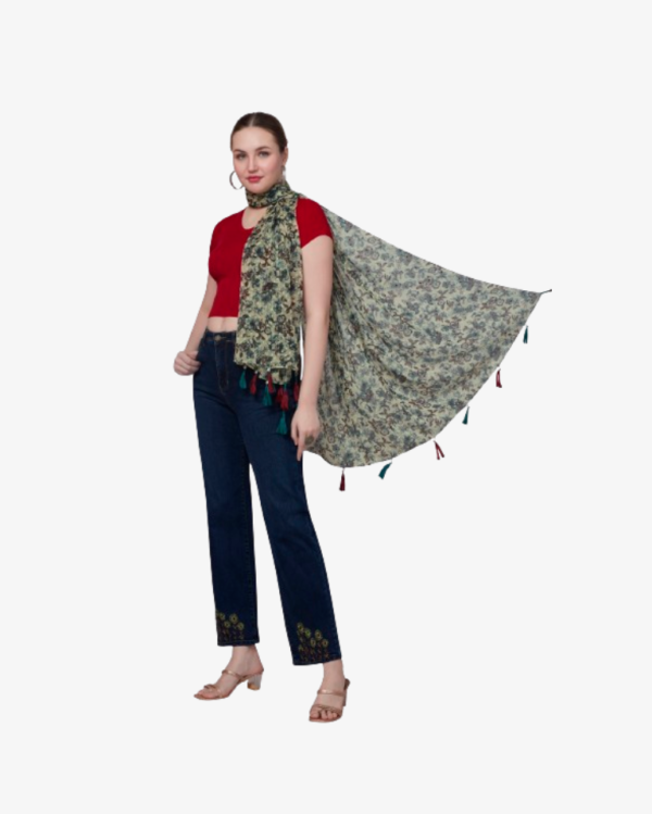 Poly Dobby Floral Print Light Green Dupatta With Fancy Embellishment - Image 4