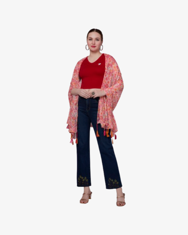 Poly Dobby Floral Print Light Pink Dupatta With Fancy Embellishment