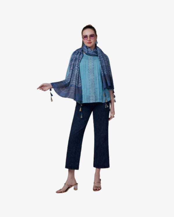 Geometric Print Indigo Chanderi Dupatta With Zari Tassles