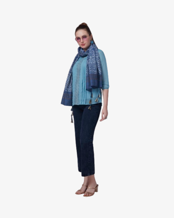 Geometric Print Indigo Chanderi Dupatta With Zari Tassles - Image 2